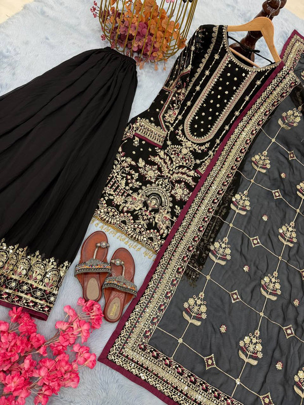 Black Designer Faux Georgette Embroidered Top with Khajuri Crush Palazzo & Matching Dupatta Set ClothsVilla