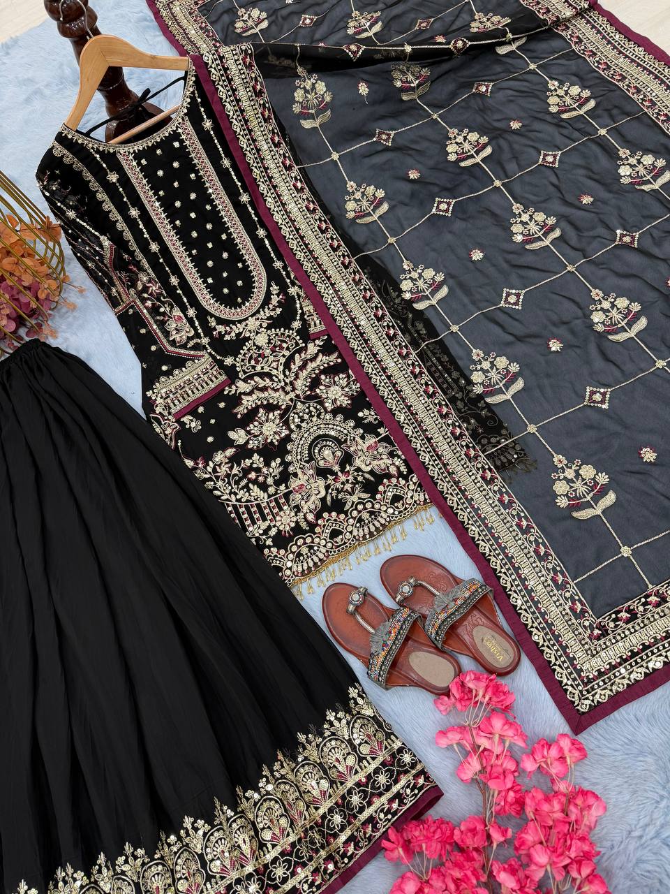 Black Designer Faux Georgette Embroidered Top with Khajuri Crush Palazzo & Matching Dupatta Set ClothsVilla