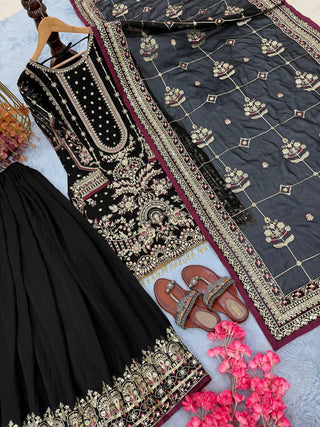Black Designer Faux Georgette Embroidered Top with Khajuri Crush Palazzo & Matching Dupatta Set ClothsVilla
