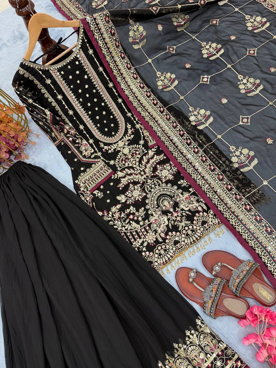 Black Designer Faux Georgette Embroidered Top with Khajuri Crush Palazzo & Matching Dupatta Set ClothsVilla