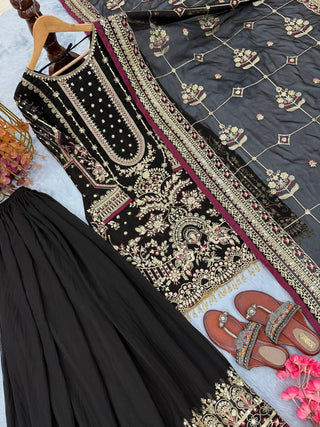 Black Designer Faux Georgette Embroidered Top with Khajuri Crush Palazzo & Matching Dupatta Set ClothsVilla