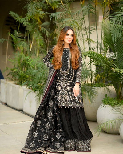 Black Designer Faux Georgette Embroidered Top with Khajuri Crush Palazzo & Matching Dupatta Set ClothsVilla