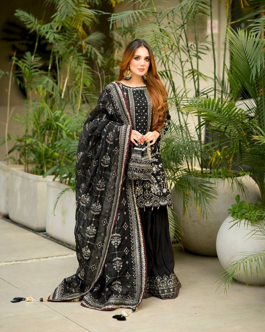 Black Designer Faux Georgette Embroidered Top with Khajuri Crush Palazzo & Matching Dupatta Set Secondary image