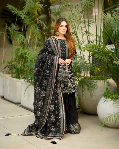 Black Designer Faux Georgette Embroidered Top with Khajuri Crush Palazzo & Matching Dupatta Set ClothsVilla