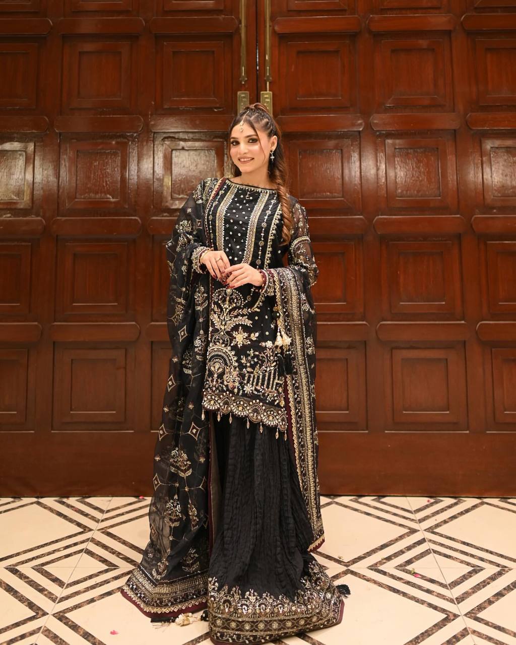 Black Designer Faux Georgette Embroidered Top with Khajuri Crush Palazzo & Matching Dupatta Set ClothsVilla