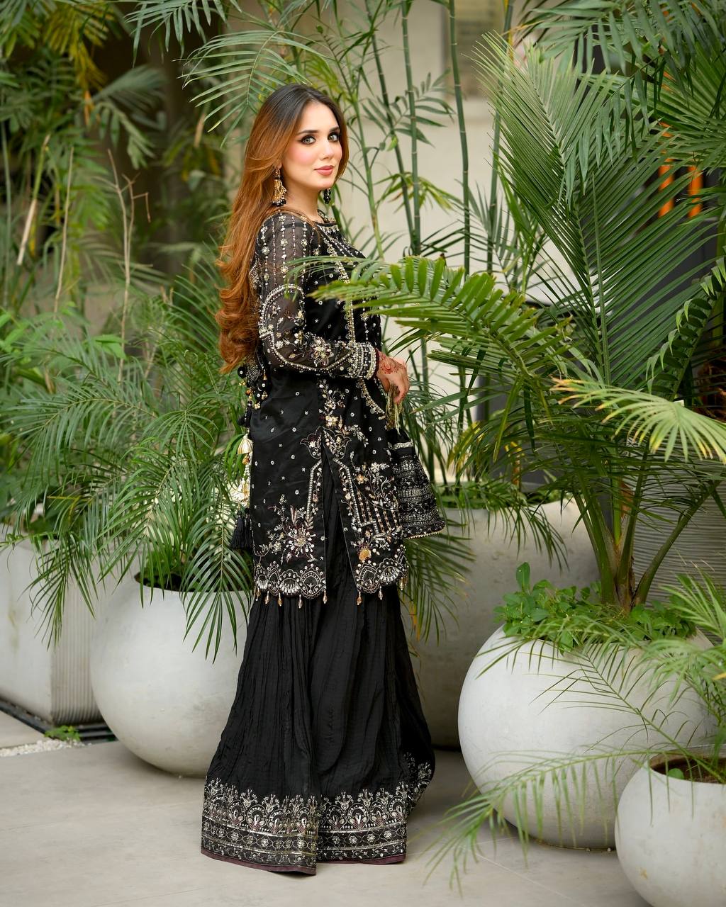 Black Designer Faux Georgette Embroidered Top with Khajuri Crush Palazzo & Matching Dupatta Set ClothsVilla
