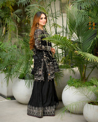 Black Designer Faux Georgette Embroidered Top with Khajuri Crush Palazzo & Matching Dupatta Set ClothsVilla