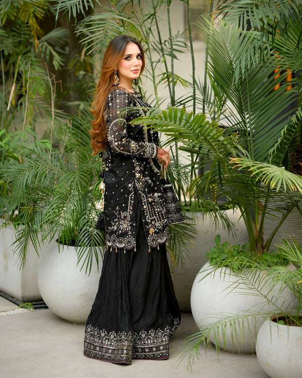 Black Designer Faux Georgette Embroidered Top with Khajuri Crush Palazzo & Matching Dupatta Set ClothsVilla