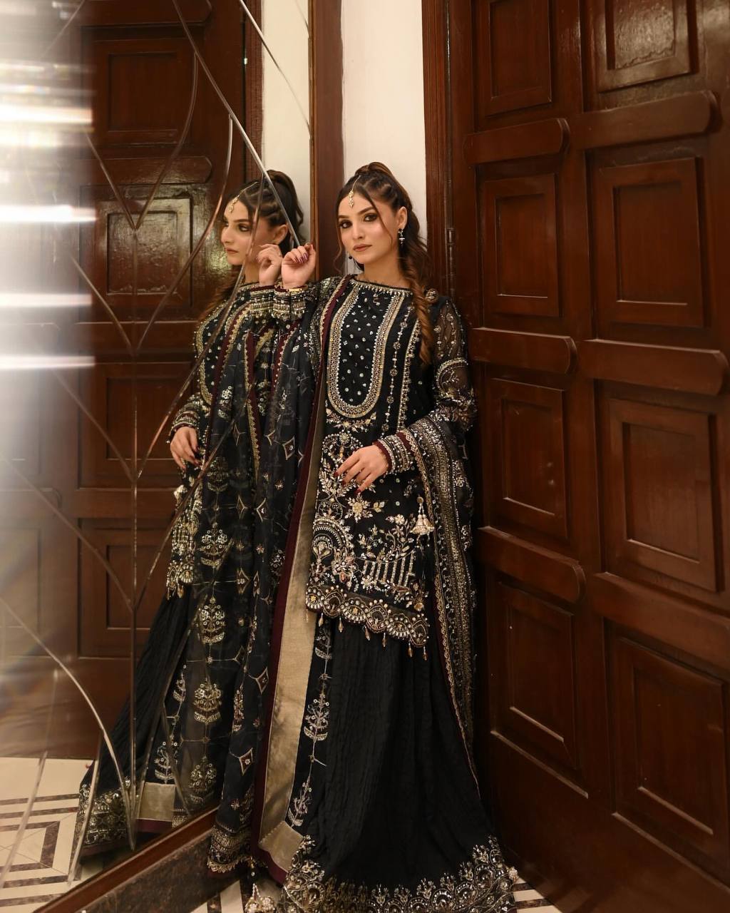 Black Designer Faux Georgette Embroidered Top with Khajuri Crush Palazzo & Matching Dupatta Set ClothsVilla
