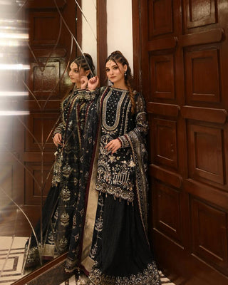 Black Designer Faux Georgette Embroidered Top with Khajuri Crush Palazzo & Matching Dupatta Set ClothsVilla