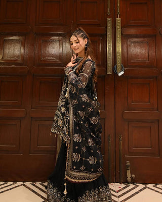 Black Designer Faux Georgette Embroidered Top with Khajuri Crush Palazzo & Matching Dupatta Set ClothsVilla