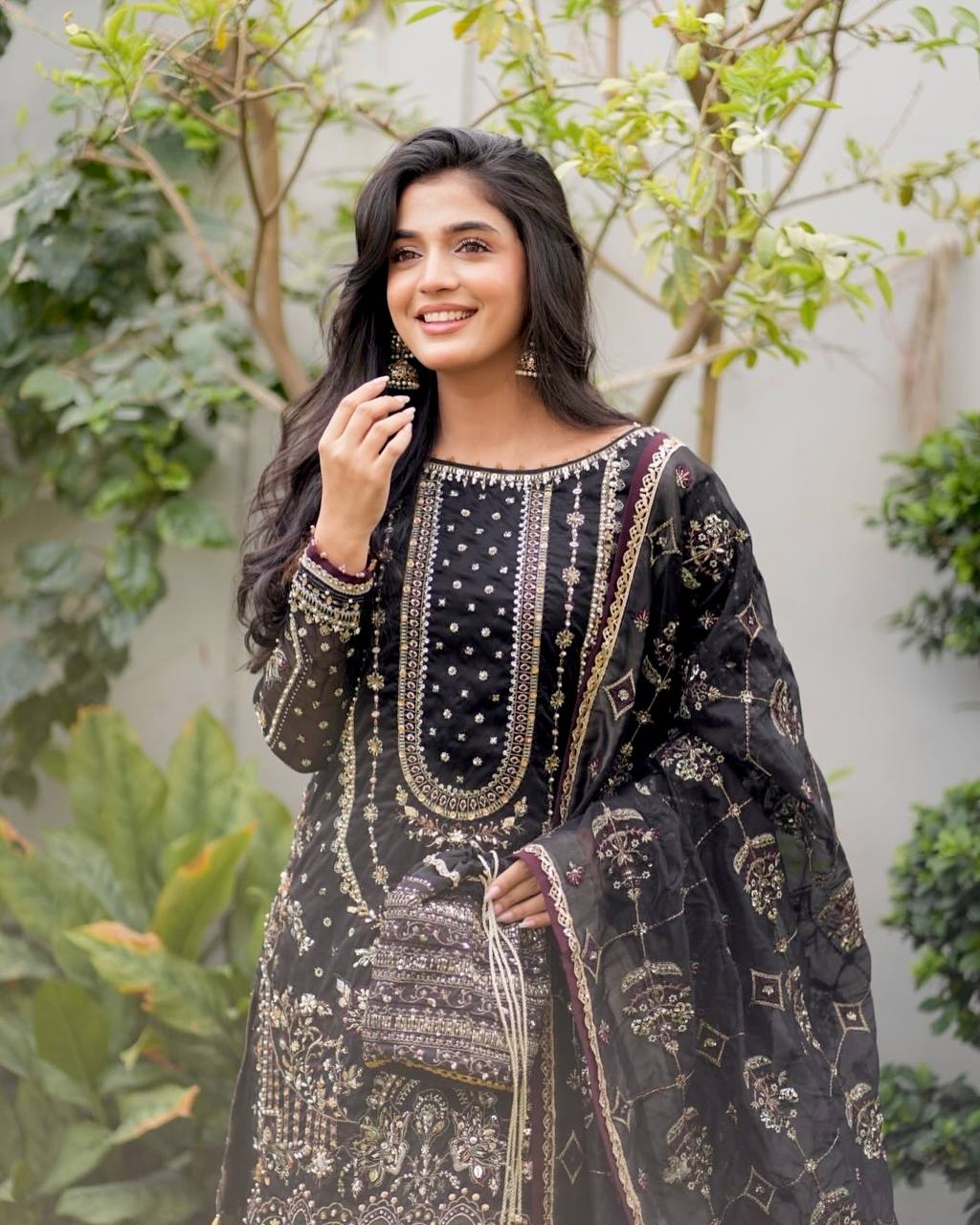 Black Designer Faux Georgette Embroidered Top with Khajuri Crush Palazzo & Matching Dupatta Set ClothsVilla
