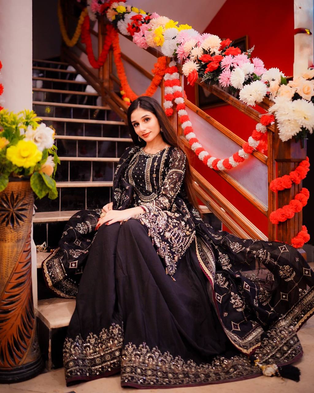 Black Designer Faux Georgette Embroidered Top with Khajuri Crush Palazzo & Matching Dupatta Set ClothsVilla