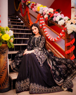 Black Designer Faux Georgette Embroidered Top with Khajuri Crush Palazzo & Matching Dupatta Set ClothsVilla