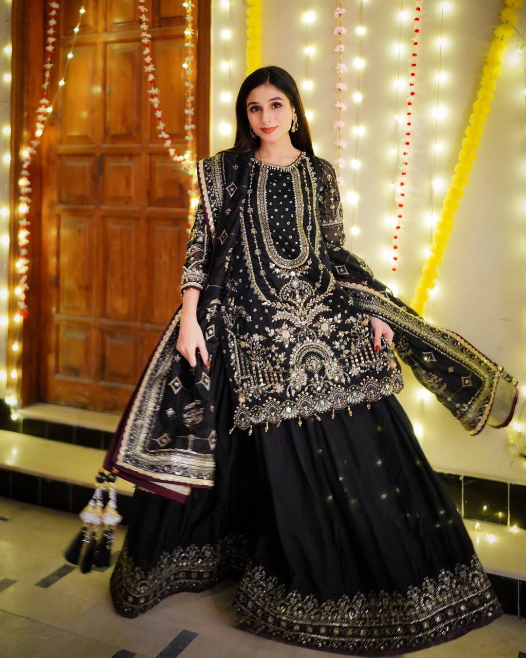 Black Designer Faux Georgette Embroidered Top with Khajuri Crush Palazzo & Matching Dupatta Set ClothsVilla