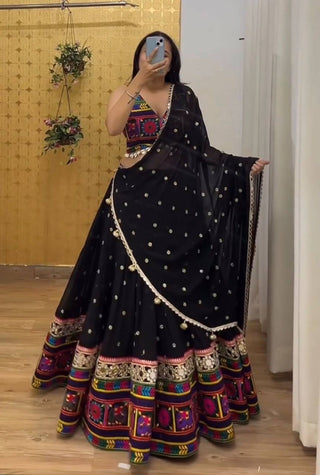 Black Designer Faux Georgette Lehenga Choli Set with Real Mirror & Chain Stitch Work ClothsVilla