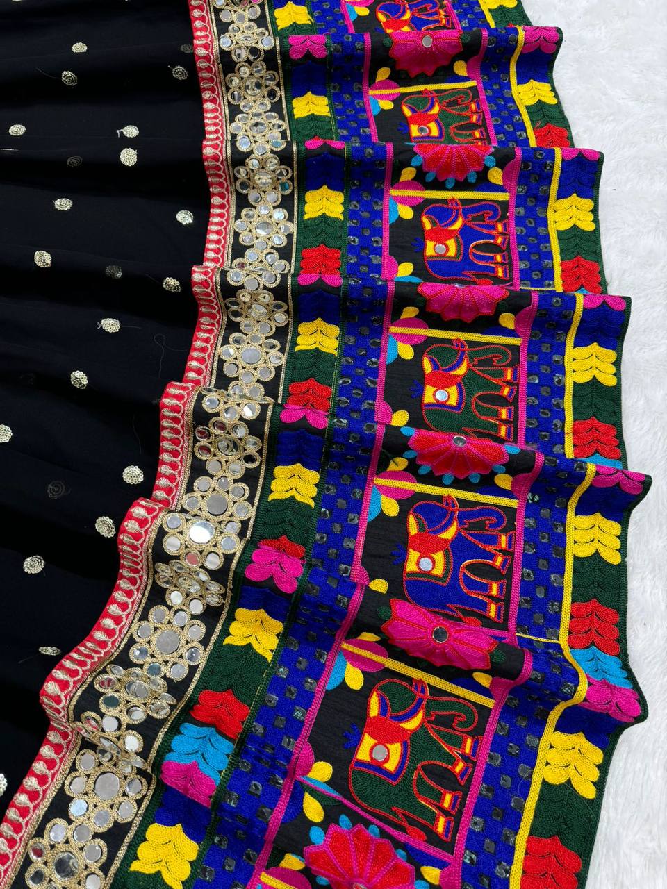 Black Designer Faux Georgette Lehenga Choli Set with Real Mirror & Chain Stitch Work ClothsVilla