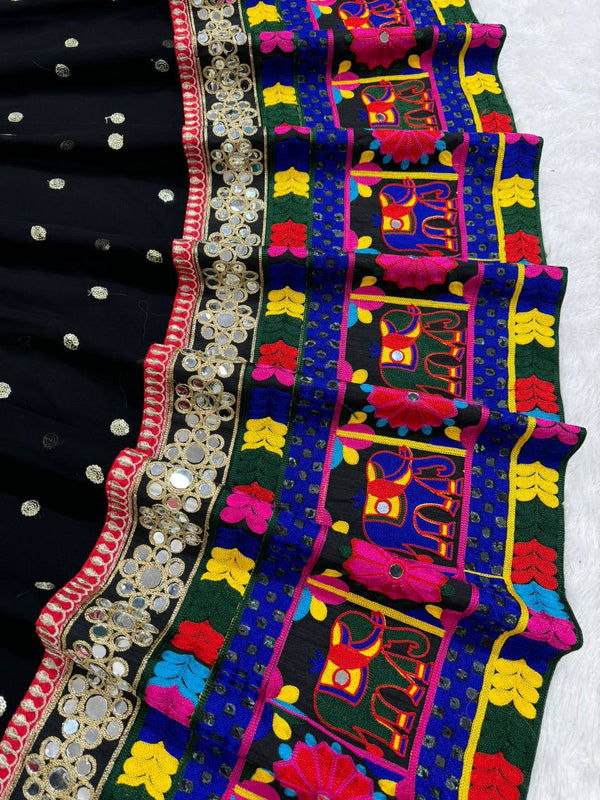 Black Designer Faux Georgette Lehenga Choli Set with Real Mirror & Chain Stitch Work ClothsVilla