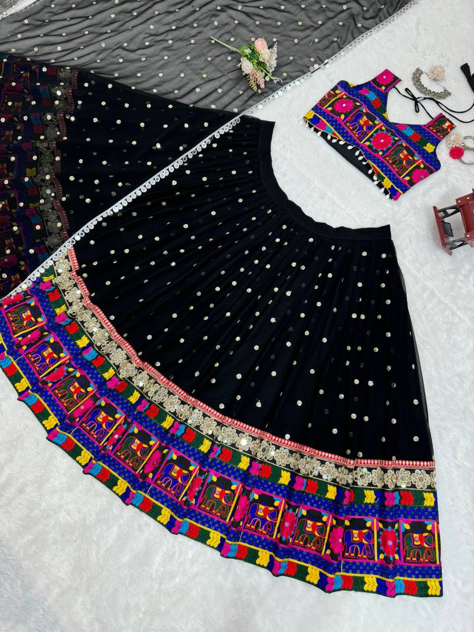 Black Designer Faux Georgette Lehenga Choli Set with Real Mirror & Chain Stitch Work ClothsVilla