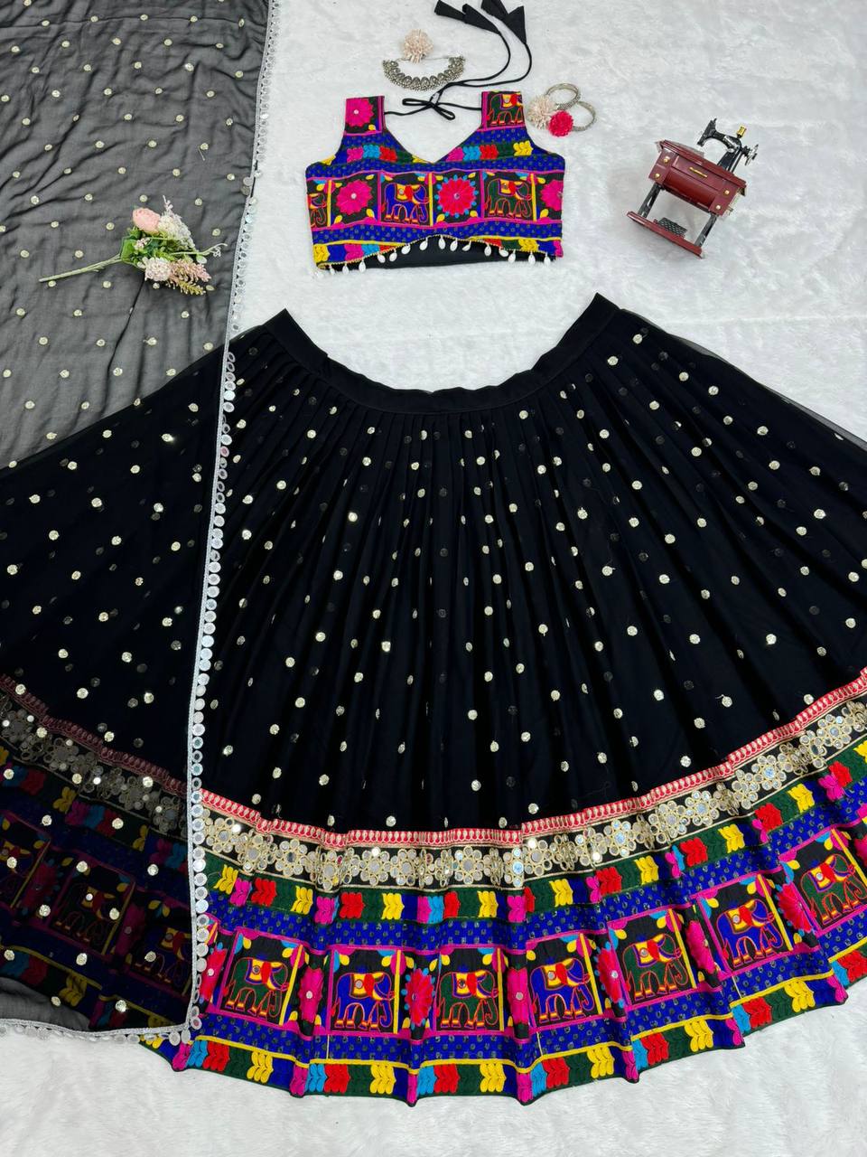 Black Designer Faux Georgette Lehenga Choli Set with Real Mirror & Chain Stitch Work ClothsVilla