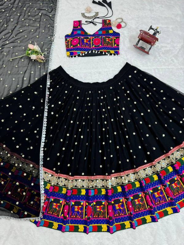 Black Designer Faux Georgette Lehenga Choli Set with Real Mirror & Chain Stitch Work ClothsVilla