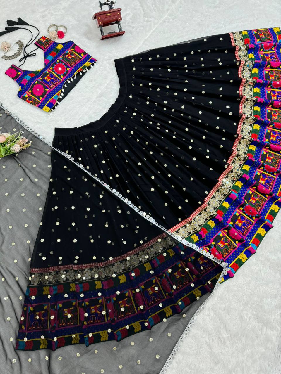 Black Designer Faux Georgette Lehenga Choli Set with Real Mirror & Chain Stitch Work ClothsVilla