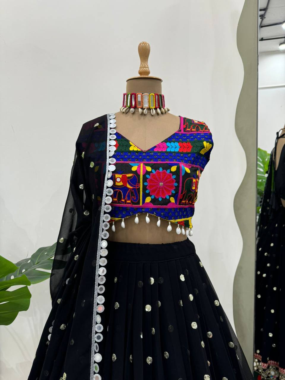 Black Designer Faux Georgette Lehenga Choli Set with Real Mirror & Chain Stitch Work ClothsVilla