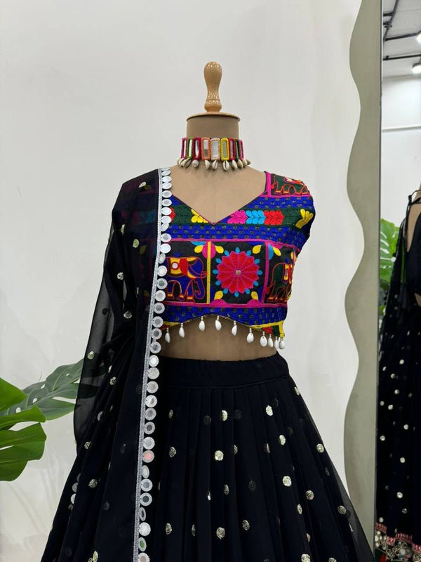 Black Designer Faux Georgette Lehenga Choli Set with Real Mirror & Chain Stitch Work ClothsVilla
