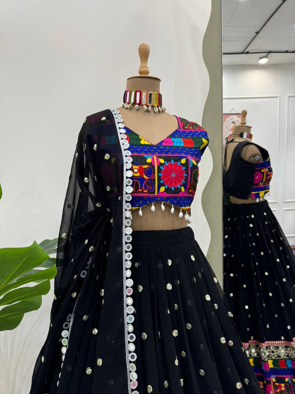 Black Designer Faux Georgette Lehenga Choli Set with Real Mirror & Chain Stitch Work ClothsVilla