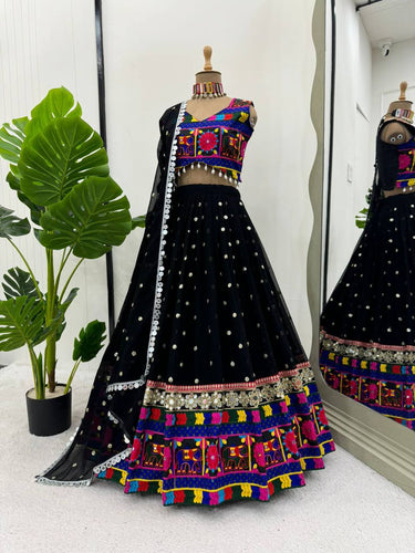 Black Designer Faux Georgette Lehenga Choli Set with Real Mirror & Chain Stitch Work ClothsVilla