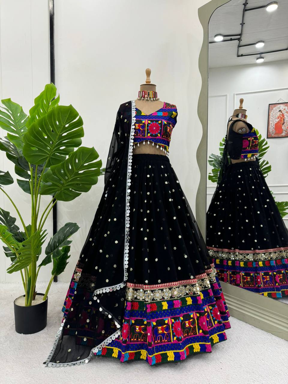 Black Designer Faux Georgette Lehenga Choli Set with Real Mirror & Chain Stitch Work ClothsVilla