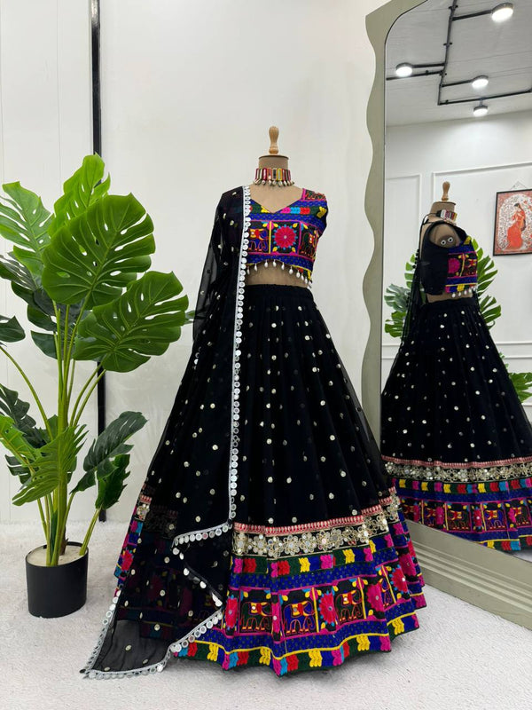 Black Designer Faux Georgette Lehenga Choli Set with Real Mirror & Chain Stitch Work ClothsVilla