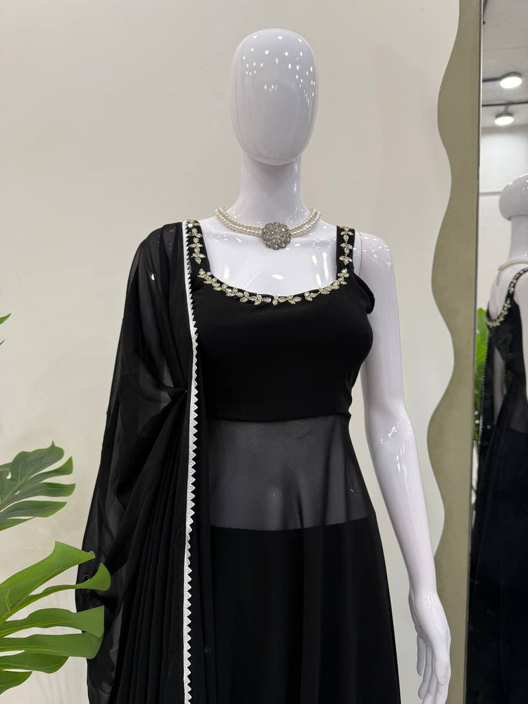 Black Designer Faux Georgette Mirror Handwork Plazzo Set with Dupatta ClothsVilla