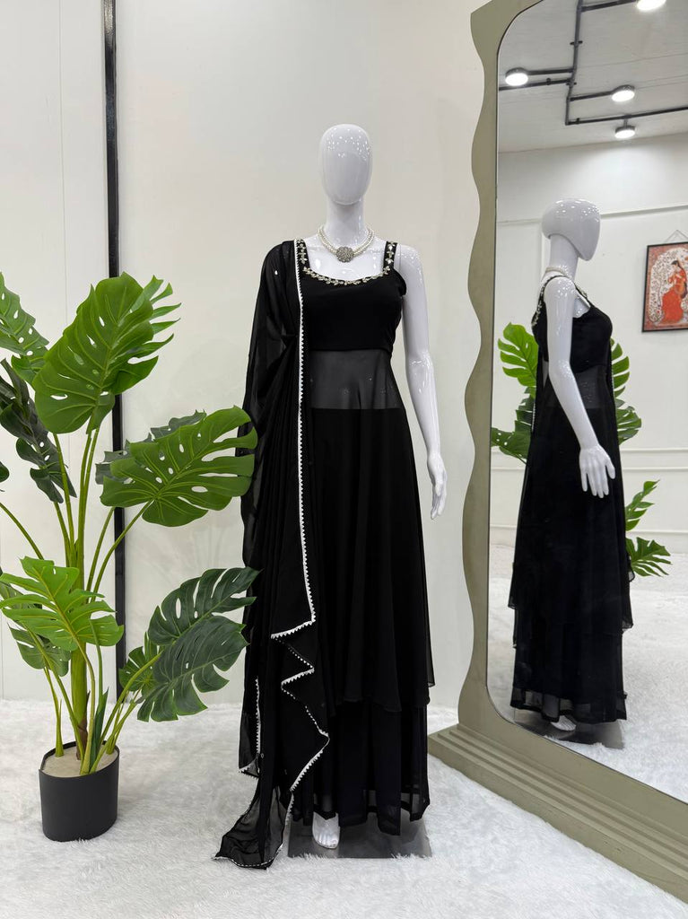 Black Designer Faux Georgette Mirror Handwork Plazzo Set with Dupatta ClothsVilla