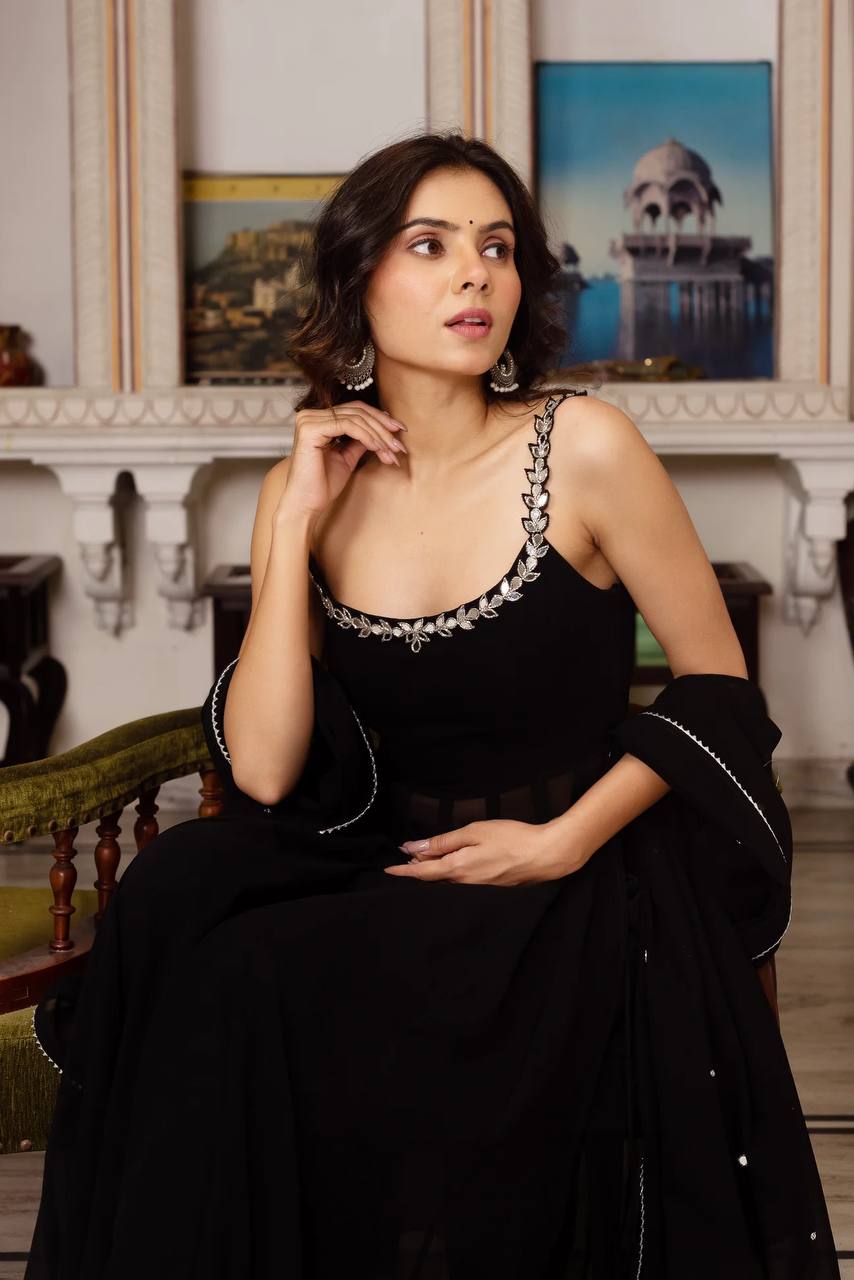 Black Designer Faux Georgette Mirror Handwork Plazzo Set with Dupatta ClothsVilla