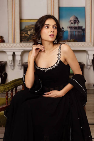 Black Designer Faux Georgette Mirror Handwork Plazzo Set with Dupatta ClothsVilla