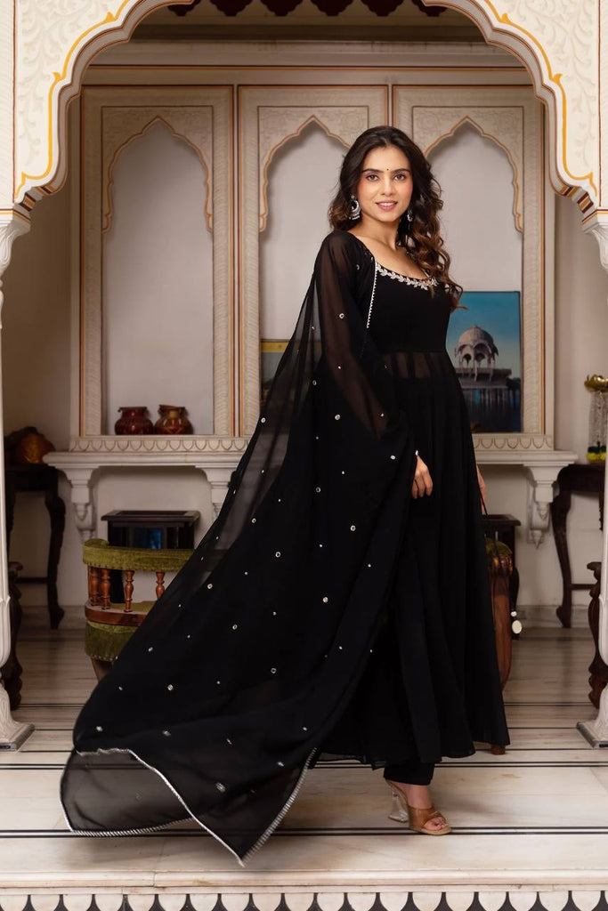 Black Designer Faux Georgette Mirror Handwork Plazzo Set with Dupatta ClothsVilla