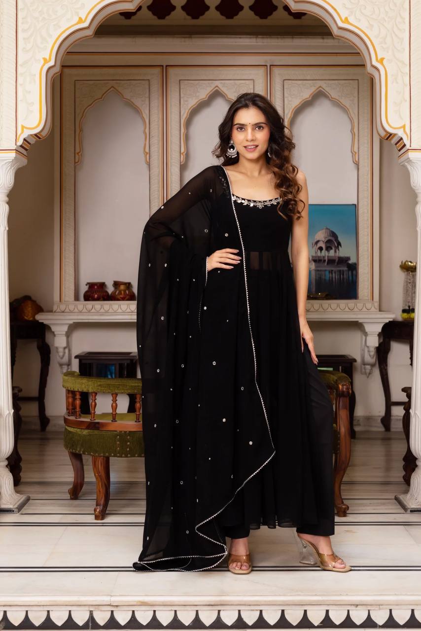 Black Designer Faux Georgette Mirror Handwork Plazzo Set with Dupatta ClothsVilla Main image