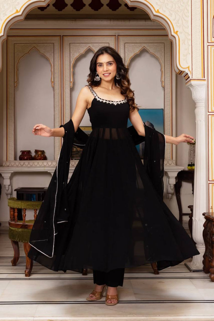 Black Designer Faux Georgette Mirror Handwork Plazzo Set with Dupatta ClothsVilla