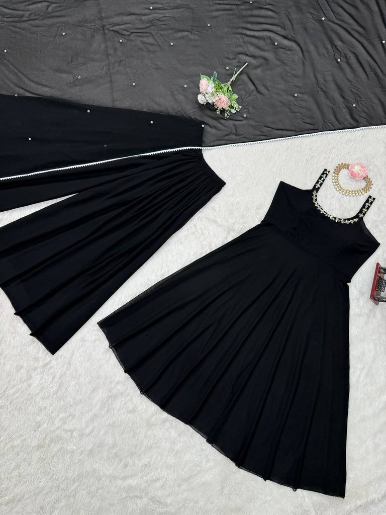 Black Designer Faux Georgette Mirror Handwork Plazzo Set with Dupatta ClothsVilla