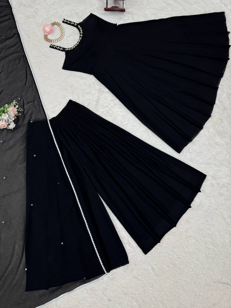 Black Designer Faux Georgette Mirror Handwork Plazzo Set with Dupatta ClothsVilla