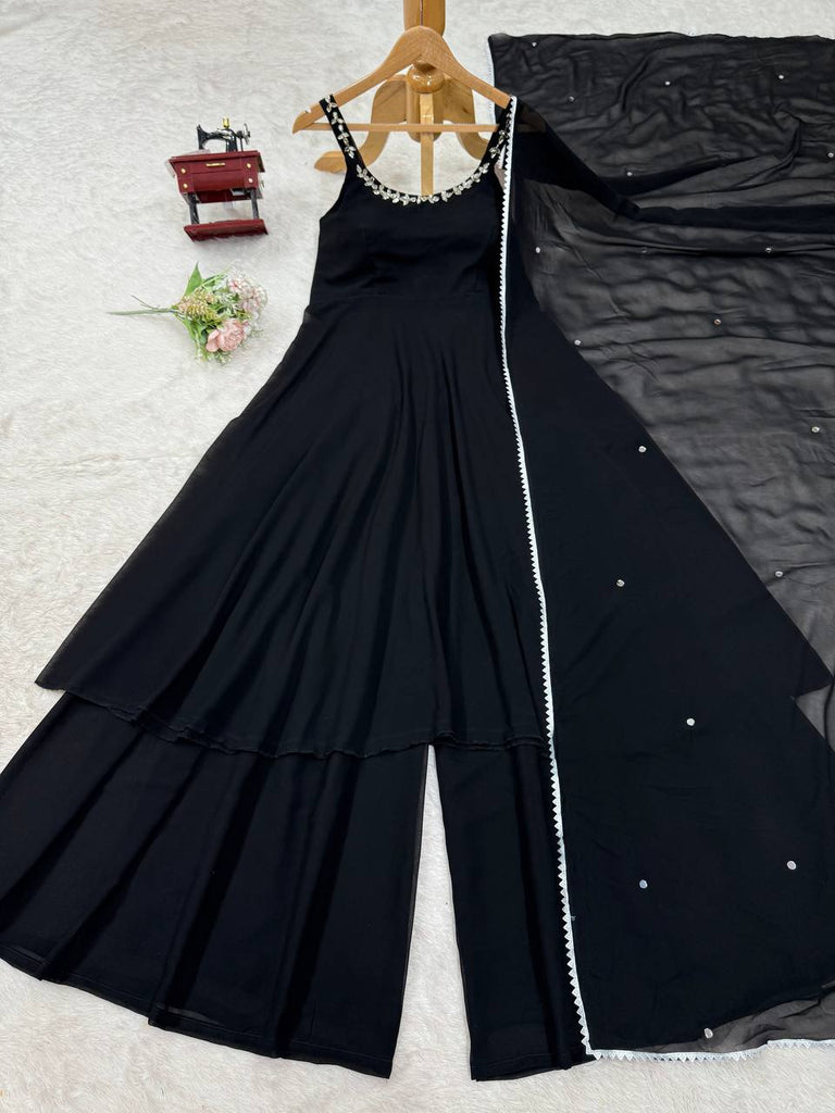 Black Designer Faux Georgette Mirror Handwork Plazzo Set with Dupatta ClothsVilla