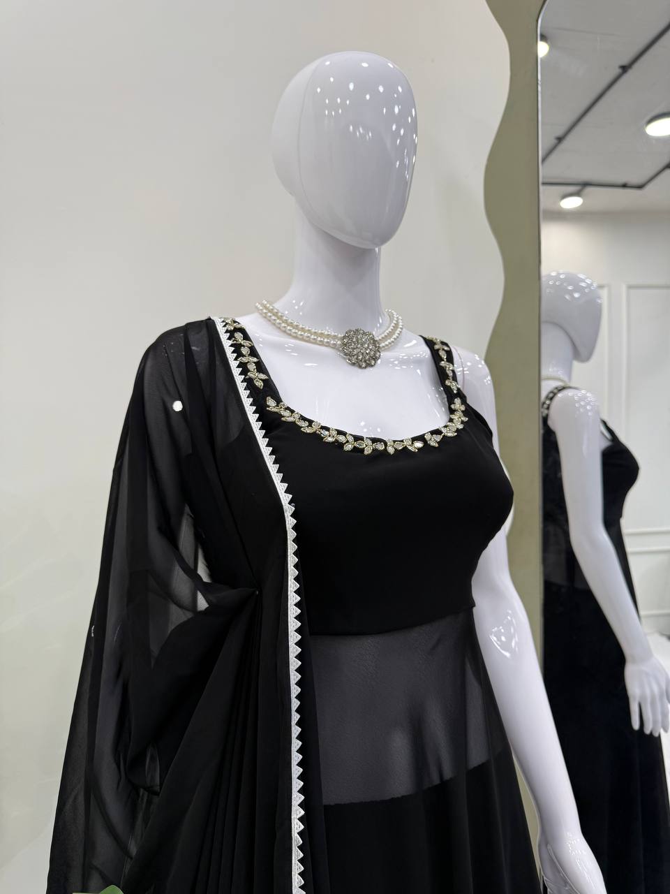 Black Designer Faux Georgette Mirror Handwork Plazzo Set with Dupatta ClothsVilla
