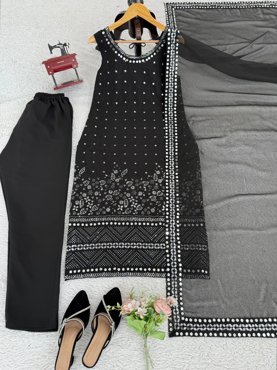 Black Designer Faux Georgette Real Mirror Work Suit Set ClothsVilla