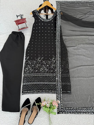 Black Designer Faux Georgette Real Mirror Work Suit Set ClothsVilla