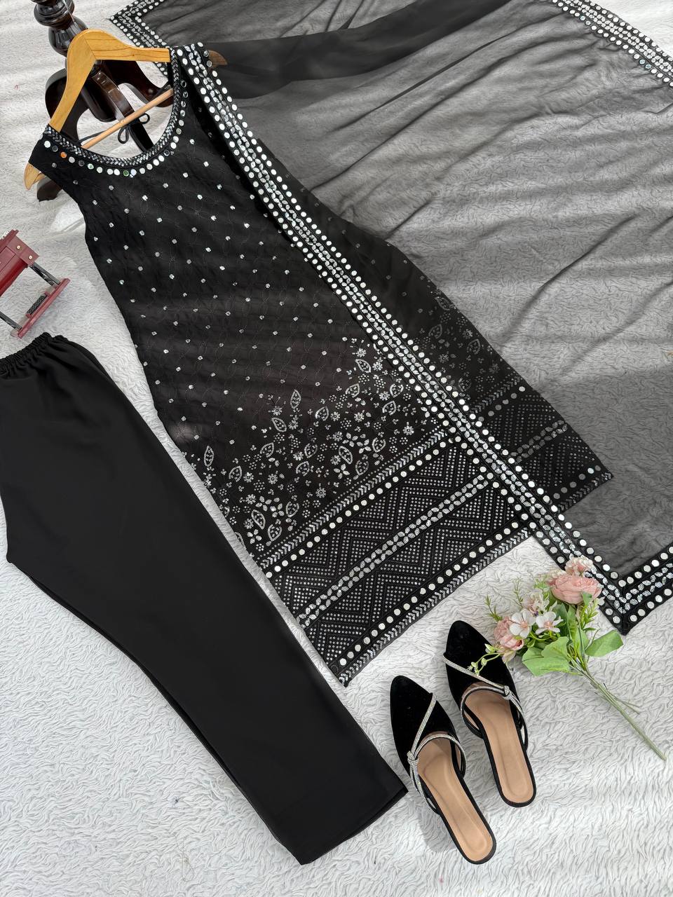 Black Designer Faux Georgette Real Mirror Work Suit Set ClothsVilla