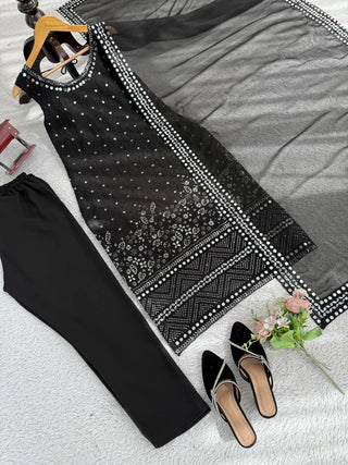 Black Designer Faux Georgette Real Mirror Work Suit Set ClothsVilla