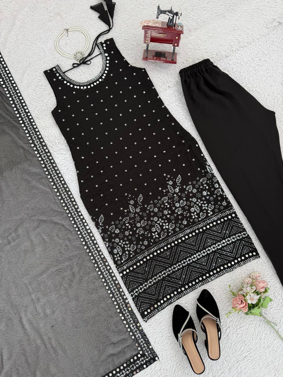 Black Designer Faux Georgette Real Mirror Work Suit Set ClothsVilla