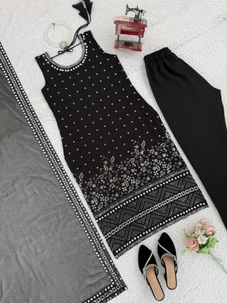 Black Designer Faux Georgette Real Mirror Work Suit Set ClothsVilla