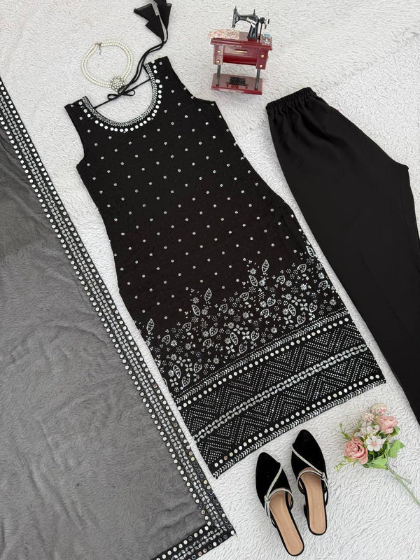 Black Designer Faux Georgette Real Mirror Work Suit Set ClothsVilla